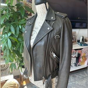 All Saints dark gray leather motorcycle jacket